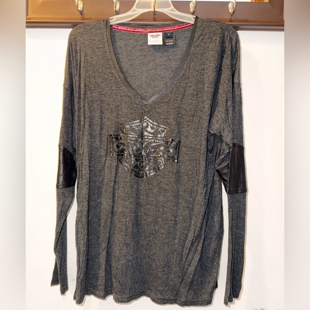 Harley-Davidson Charcoal V-Neck Long Sleeve Tee Size Large